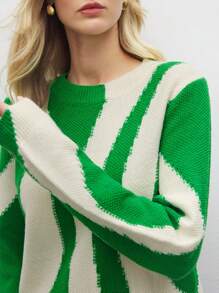 BizChic Green Jacquard Knitted Sweater Top, Office Lady Style, New Year Party, Valentine's Day Date , Spring/Summer - Green - View 6