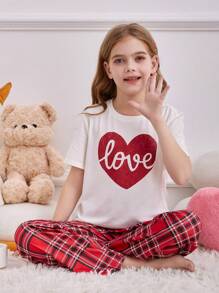 SHEIN Tween Girl Simple Heart Graphic Round Neck Short Sleeve T-Shirt And Plaid Print Lounge Pants 2 Pieces Comfortable Sleepwear Set - Pink - View 6