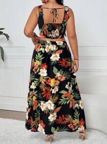 Breezaya Plus Size 2 Pieces Set: Elegant Vintage Style Sleeveless Tank Top & High Waist Slit Maxi Dress With Random Floral Print, Versatile Separates For Summer, Graduations, Holidays, Parties, Gatherings