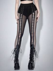 ROMWE Grunge Punk 情人节狂欢节暗黑朋克镂空渔网拼接金属带打底裤，女式弹力紧身裤袜
