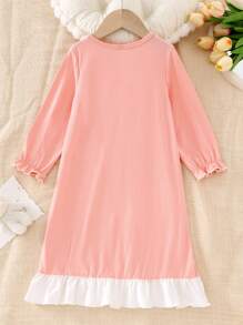 Young Girls Sleepwear Set With Bear, Bowknot, Pink Plaid Pattern, Ruffles Trim, Long Sleeves And White Hem Ruffle - Dusty Pink - View 2