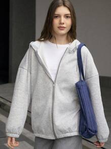 Jouncy 女士休闲纯色抽绳连帽羊毛运动衫，秋冬 - 灰色 - 查看 6