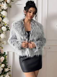 SHEIN Privé Women Vintage Faux Fur Coat, Open Front Furry Collar Fuzzy Jacket, Fashion Winter Outwear, Suitable For Valentine's Day - Grey - View 2