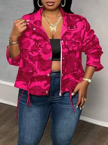 Slaydiva 适合日常穿着的大码迷彩印花抽绳下摆夹克 - 玫紅色 - 查看 5