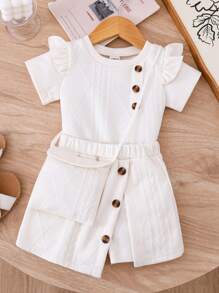 3pcs/Set Baby Girls Cute Off-White Textured Button&Ruffle Trim Round Neck Short Sleeve Top,Shorts&Diagonal Sling Bag Outfit,Summer Family Matching - Apricot - View 1