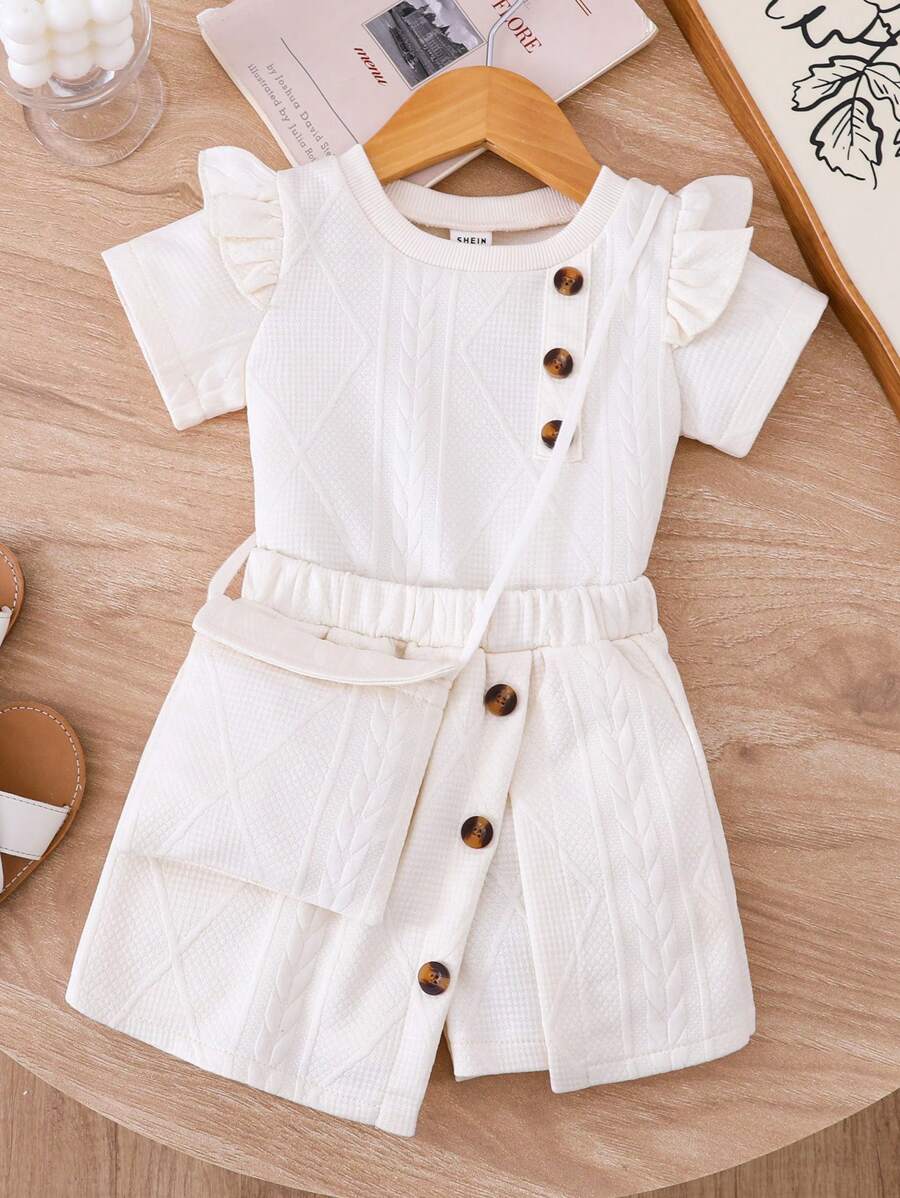 3pcs/Set Baby Girls Cute Off-White Textured Button&Ruffle Trim Round Neck Short Sleeve Top,Shorts&Diagonal Sling Bag Outfit,Summer Family Matching - Apricot - View 1