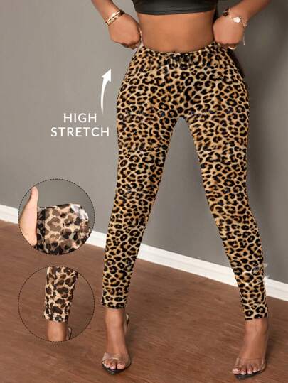 Slaydiva Women's Leopard Print Sequin Casual Leggings, Suitable For Autumn/Winter