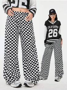 SHEIN Pantalones a cuadros con cintura anudada, ropa de calle para adolescentes de primavera/verano - Blanco y Negro - Ver 5