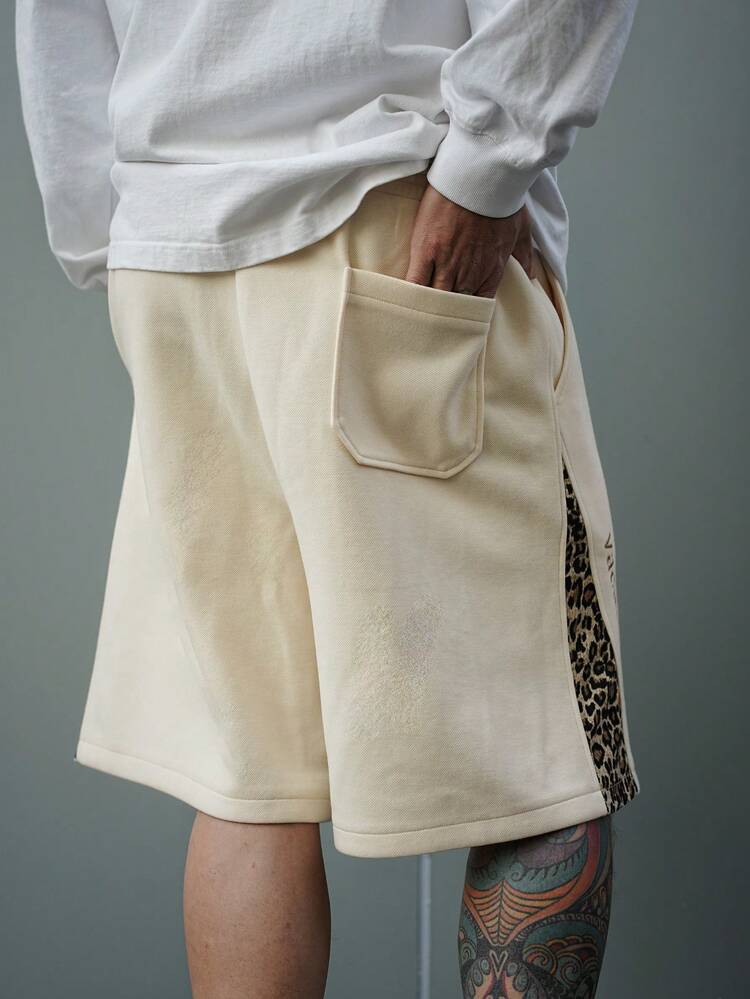 Men's Beige Color Block Patchwork Shorts, Summer Leopard Print