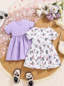2pcs/Set Baby Girls Casual Loose Soft Solid Color & Butterfly Floral Print Purple Short Sleeve Dress 2 Pieces Set, High Cost-Effective, Suitable For Spring Summer Vacation And Outings