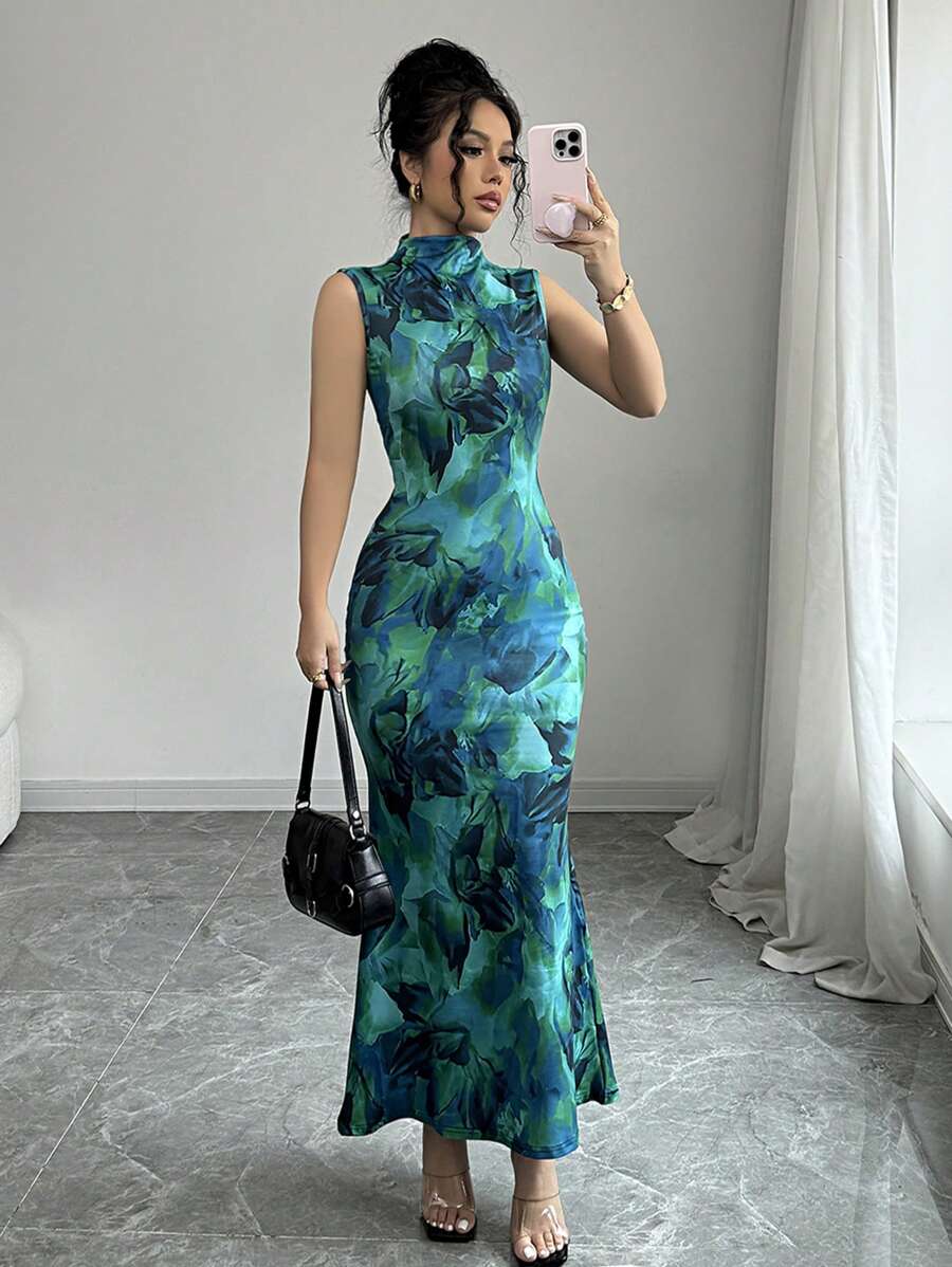 Elenzga Tie-Dye Flower Print Sleeveless Dress - Green - View 1