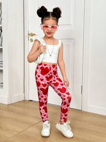 SHEIN Girls' Sweet Heart Print Leggings, Suitable For Valentine's Day Party, Everyday Wear, Home - Pink - View 5