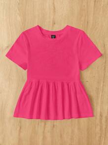 SHEIN EZwear 女式加大码圆领拼布 A 字纯棉 T 恤连衣裙 - 玫紅色 - 查看 5