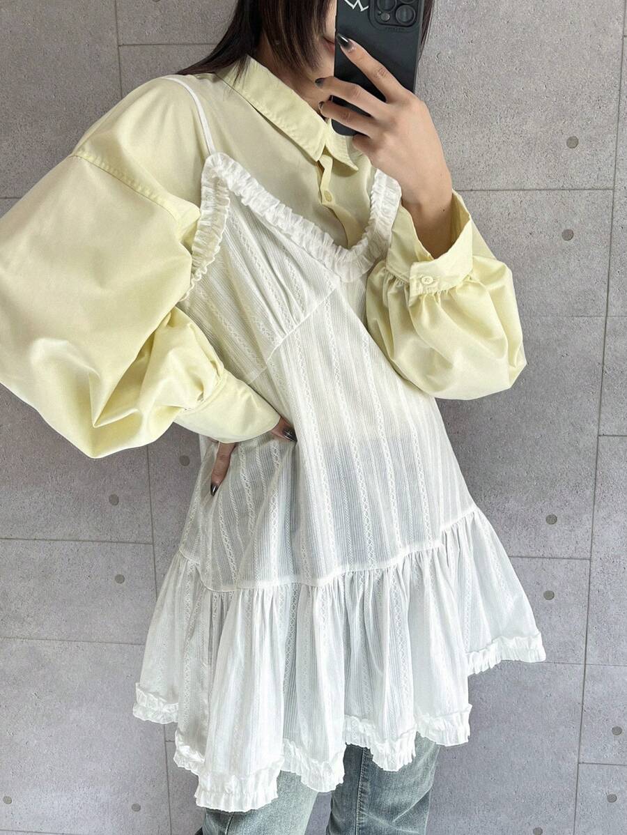 FRIFUL Women's White Spaghetti Strap Ruffle Hem Camisole Tank Top, Sweet Style, Spring/Summer Babydoll Top - White - View 1