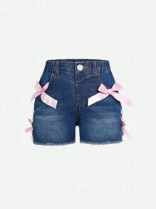 SHEIN Shorts jeans casual lavado com ilhós e laços, estilo Y2K, para meninas adolescentes, com ajuste elástico, design simples, elegante e versátil, adequado para uso diário - Lavagem escura - Ver 1