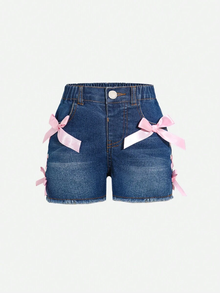 SHEIN Shorts jeans casual lavado com ilhós e laços, estilo Y2K, para meninas adolescentes, com ajuste elástico, design simples, elegante e versátil, adequado para uso diário - Lavagem escura - Ver 1