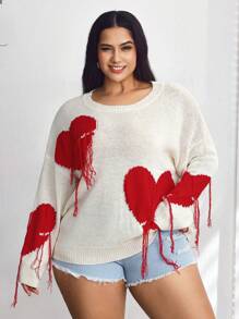 SHEIN CURVE+ Curve Plus Love Tassel Long Sleeved Heart Detail Sweater Pullover Party, Valentine's Day, Romantic Valentine's Day