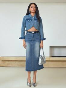 MOTF STUDIO RHINESTONE BUTTON FRONT DENIM JACKET - Medium Wash - View 4