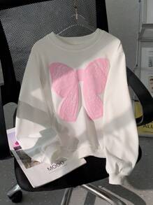 SHEIN Tween Girls' Bow Decor Round Neck Long Sleeve Casual Sweatshirt - White - View 1