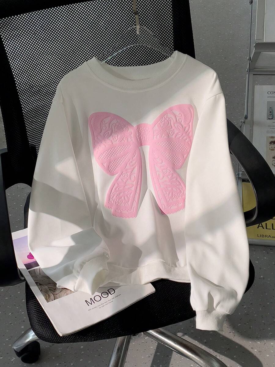 SHEIN Tween Girls' Bow Decor Round Neck Long Sleeve Casual Sweatshirt - White - View 1