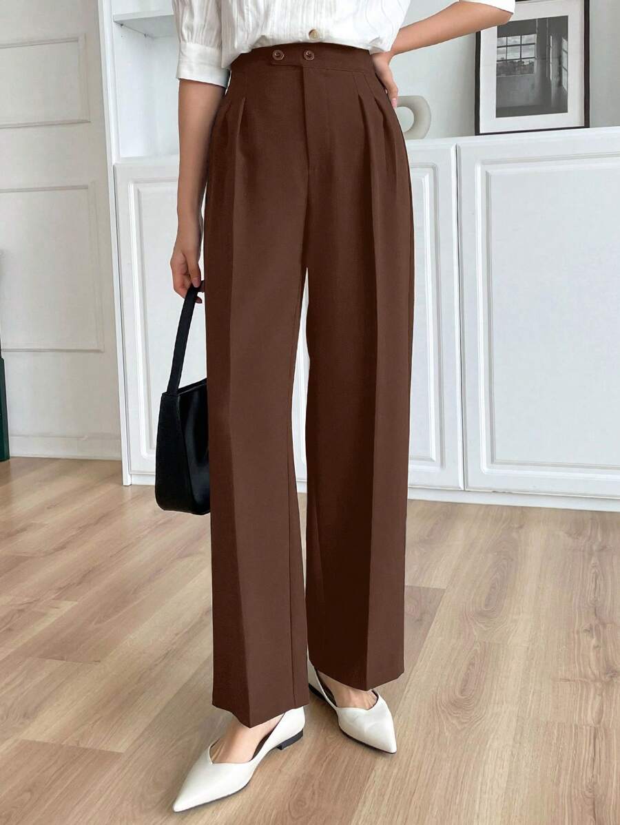 DAZY Casual Plain Solid Color Long Pants, Simple Fashionable Everyday Business Style,Women Dress Pants - Brown - View 1