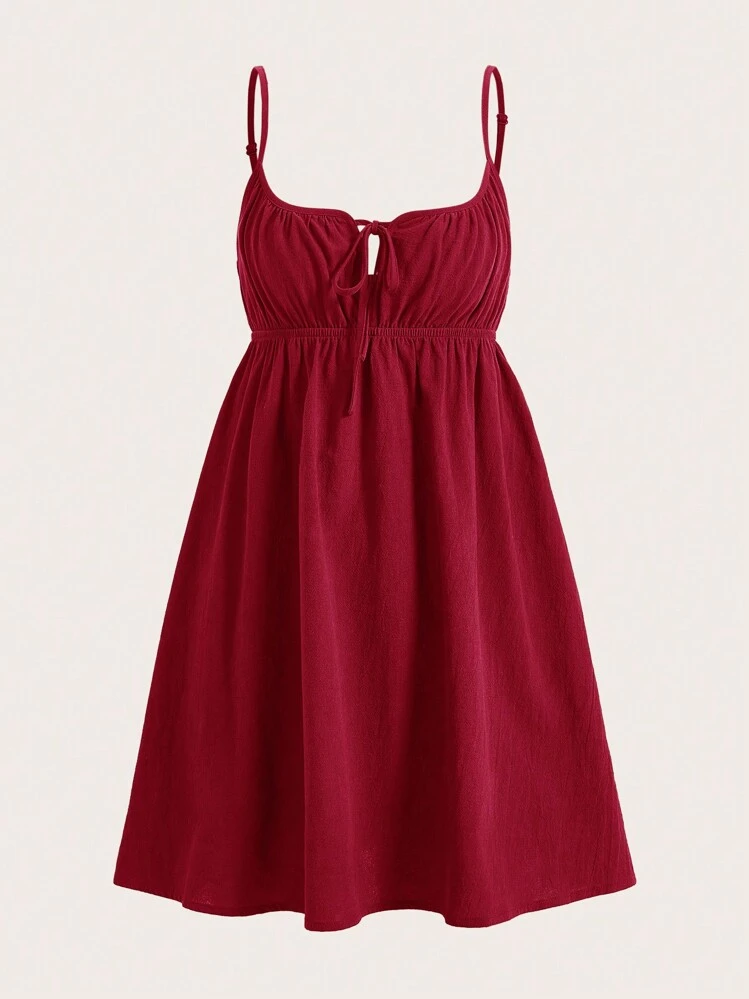 SHEIN EZwear Wine Red Woven Front Tie Casual Slip Dress For Women | SHEIN  EUR