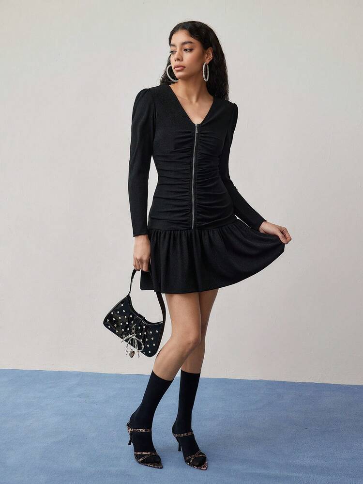 RUFFLE HEM RUCHED ZIPPER FRONT DRESS