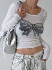 DAZY 街头风格圆领紧身短款蝴蝶结印花女式T恤长袖女式上衣