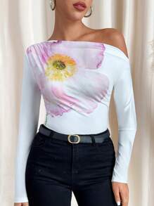 Lavishia Camiseta de manga larga con hombros abiertos, ajustada y fruncida con estampado floral, elegante y casual para primavera/verano