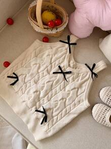 DAZY Suéter con decoración de lazo para niña preadolescente, ropa de vuelta al colegio, chaleco de ropa de otoño - Beis - Ver 3