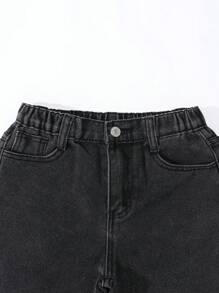 Sparklyn Tween Girl Y2K Street Daily 弹性腰部直筒牛仔裤，配有扁平口袋，女孩日常 OOTD 服装 - 黑色 - 查看 5