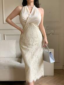 DAZY Vestido de cóctel de longitud media con cuello halter, sin mangas, escote en V, efecto twist y parches de encaje para mujer, vestido elegante y formal para eventos