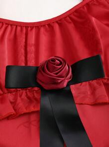 Sweetra Váy dây mảnh gợi cảm bằng vải satin jacquard hoa đỏ Pháp thanh lịch trang trí nơ 3D cho nữ - Màu Đỏ Sâu - Xem 3