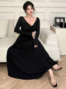 DAZY Women's Elegant Solid Color Waist Cinched Dress,Casual Women Dresses,Fall Clothes - Black - View 5