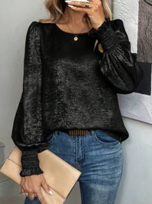 SHEIN LUNE Women's Gold Foil Round Neck Lantern Sleeve Blouse - Black - View 1