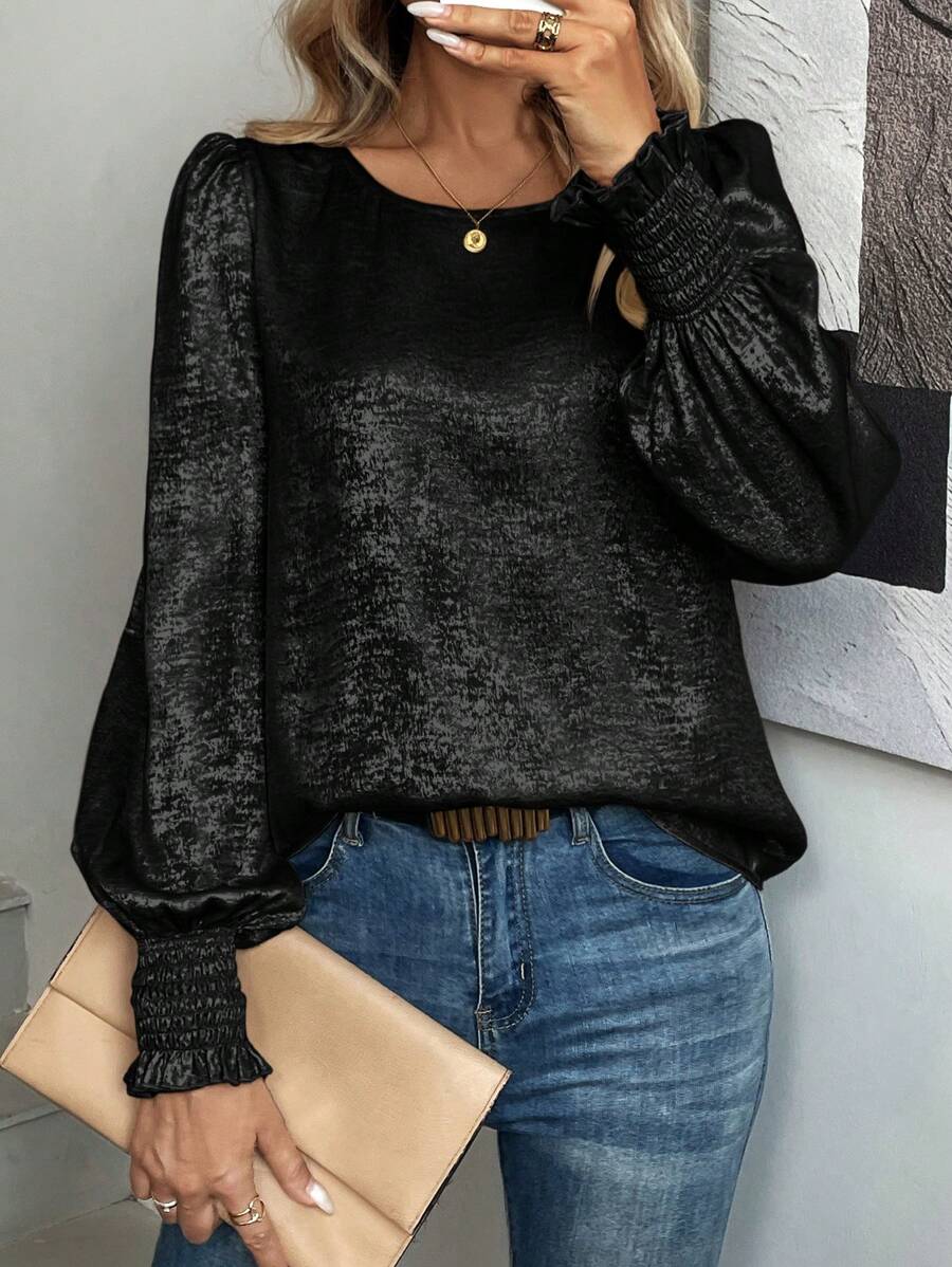 SHEIN LUNE Women's Gold Foil Round Neck Lantern Sleeve Blouse - Black - View 1