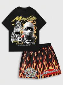 ROMWE MEN Street Life 2 件男士肖像印花短袖 T 恤和短裤套装，适合春夏季日常穿着