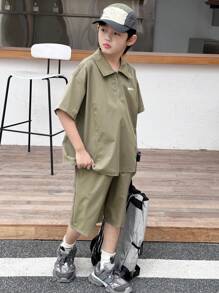 DAZY 2pcs Tween Boys Letter Printed Short Sleeve Zip Half Placket Shirt And Shorts Set - Green - View 4