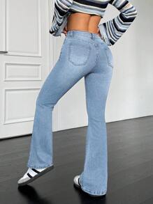 SHEIN PETITE Women's Flared Casual Versatile Denim Jeans With Pockets