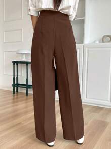 DAZY Casual Plain Solid Color Long Pants, Simple Fashionable Everyday Business Style,Women Dress Pants - Brown - View 2