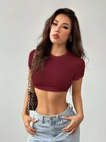 SHEIN PETITE Áo thun nữ cổ tròn đơn giản màu trơn đơn giản ôm vừa vặn - Màu Đỏ Sâu - Xem 7