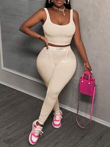 Slaydiva Bộ đồ thể thao cơ bản thường ngày và quần bó cho nữ, áo ba lỗ cổ tròn không tay cắt ngắn có quần bó cạp chun, trang phục mùa hè 2 món - Màu be - Xem 4