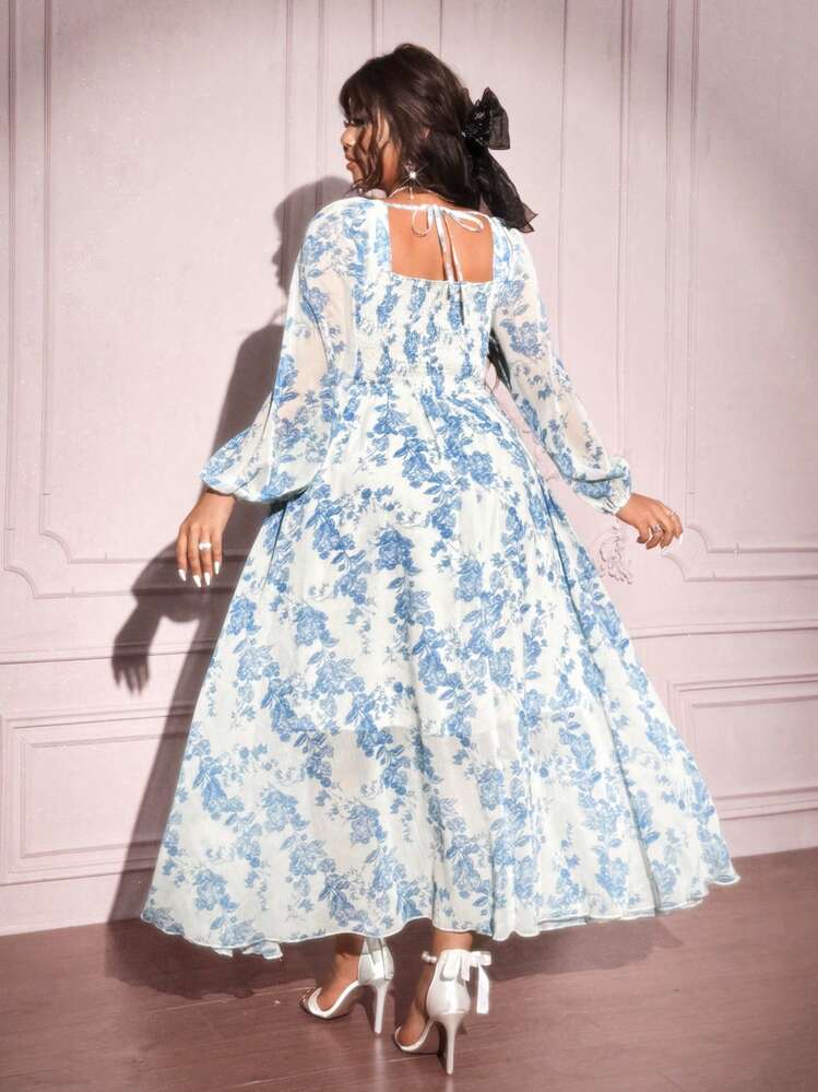 Franclia Square Neck Puff Sleeve Romantic Floral Print Elegant