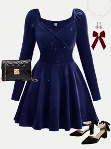 SHEIN Leap Crew 优雅复古水钻心形天鹅绒长袖派对礼服，适合少女，迷人、奢华、褶皱、贴身、鸡尾酒会礼服、针织、优雅、派对、礼服，适合约会、聚会、生日、派对、新年、情人节