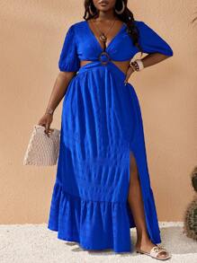 Slaydiva 2025 优雅休闲纯蓝色系带大码迷你连衣裙