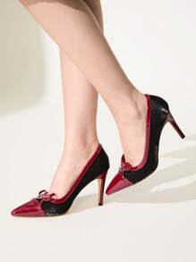 CUCCOO CHICEST Pointed Toe High Heels With Colorblock Bow Design, Elegant & Fashionable Ladies High Heel Pumps Suitable For Valentine's Day, Spring Outfits, Going Out - Black - View 6