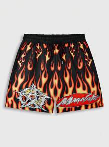 ROMWE MEN Street Life 2 件男士肖像印花短袖 T 恤和短裤套装，适合春夏季日常穿着