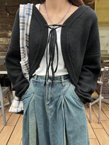 FRIFUL Women's Black Cropped Cardigan With Tie, Spring,Fall Clothes