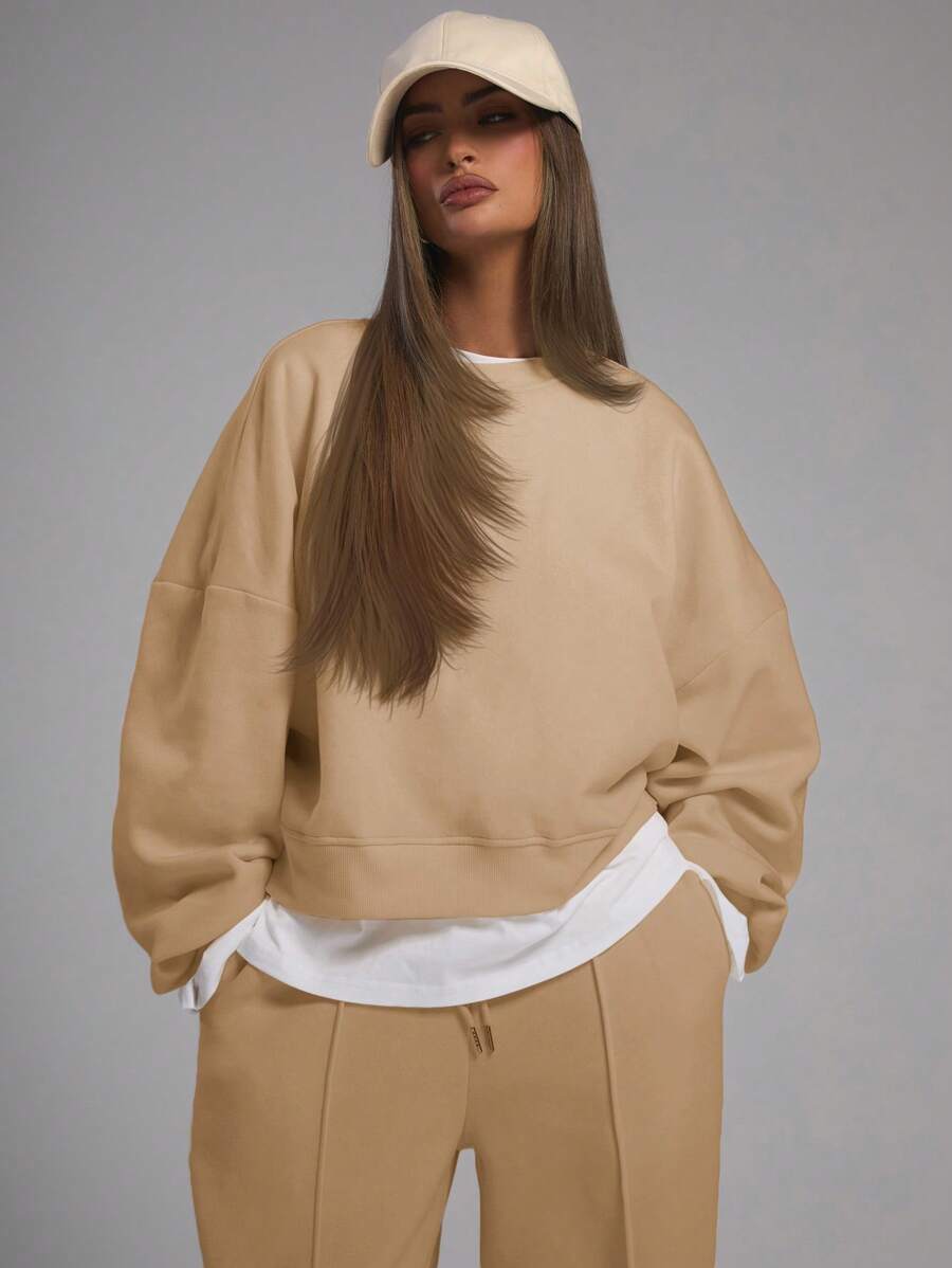 MUSERA Áo nỉ thể thao cổ tròn dáng rộng, thoải mái, dễ thương. - Màu be - Xem 1