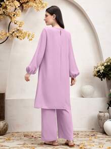 SHEIN Najma 2pcs Women Solid Color Lantern Sleeve Long Top And Pants Set - Dusty Pink - View 2